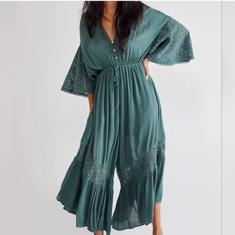 Angela Jumpsuit Dried Pine Crochet Jumper S Evergreen Firest Green Flowy - Picture 15 of 15
